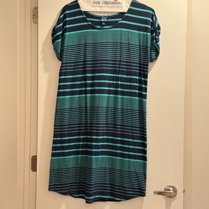 LIKE NEW! Gap Classic Navy/Green Striped Knee Length Cotton Tee Shirt Dress Sz L